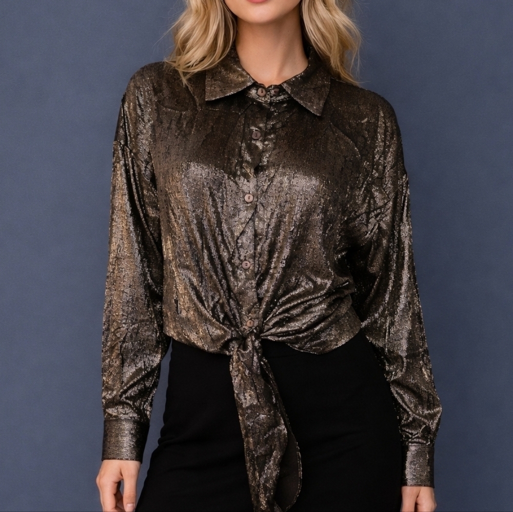 BIBI Oversized Metallic Button Down Tie Waist Blouson Shirt
